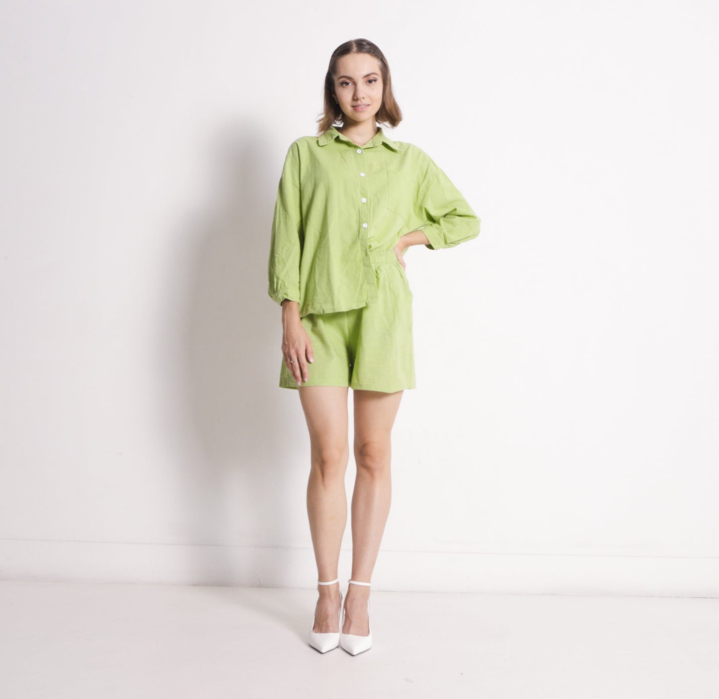 Kenzie Long Sleeve Shirt Blouse And Loose Shorts Set